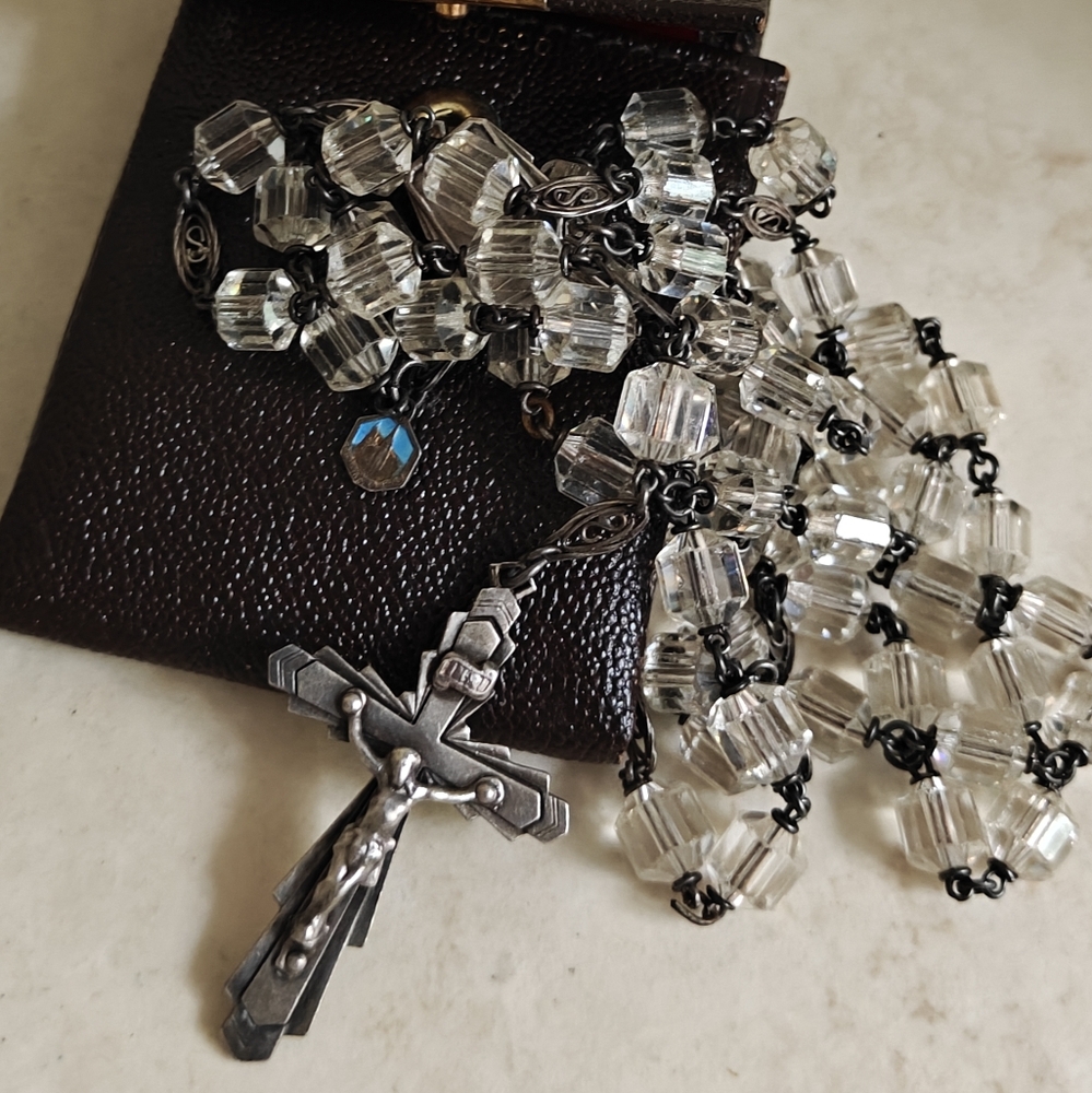 Antique/Vintage? Sterling Silver Rock Crystal Rosary Prayer Beads Necklace
